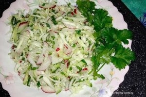 Легкий салат с капустой и огурцом, с редисом