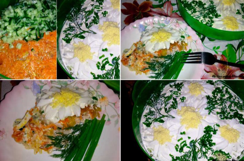 Салат с рыбой и рисом «Ромашковое поле»